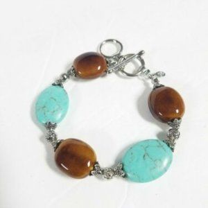 Premier Designs Sarasota Brown Glass Turquoise Howlite Beaded Bracelet Silver